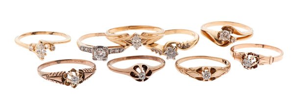Diamond Rings in 14 Karat Yellow Gold : A group of engagement rings, wedding sets, and fashion rings in 14k yellow gold with diamonds. Diamonds range from approximately .05 carat mine cut diamond to approximately .25 carat European cut diam