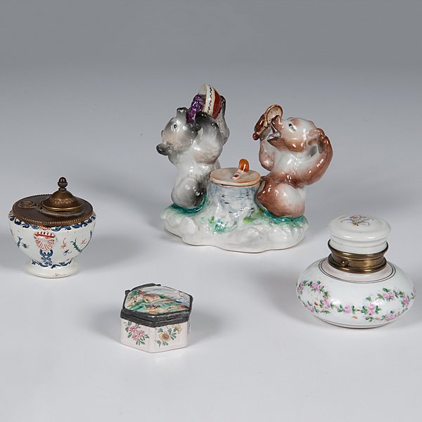 Collection of Porcelain and Faience Inkwells : Collection of Porcelain and Faience Inkwells French and British, early 20th century. A group of four inkwells of various forms, including one figural inkwell depicting bears, one urn-shaped inkwell,