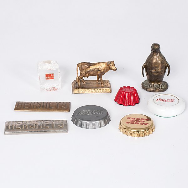 Food and Beverage Advertising Paperweights : Food and Beverage Advertising Paperweights An assembled group of nine paperweights for food and beverage, including: • Swanson Foods (bronze penguin) • St. Charles Evaporated Milk, B. Felsenthal