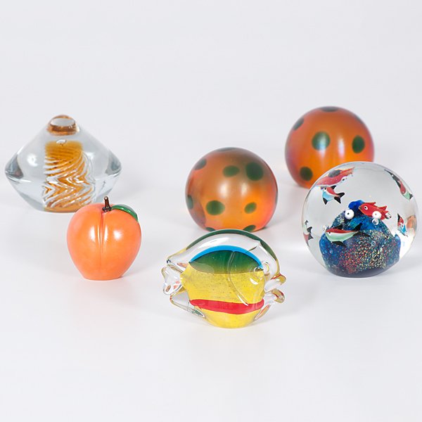 Marcolin Sardinia Fish Weight, PLUS : Marcolin Sardinia Fish Weight, PLUS This Marcolin Sardinia fish weight features bands of primary colors and has two original stickers. Also included is a vintage Orient & Flume apricot weight, a Mur