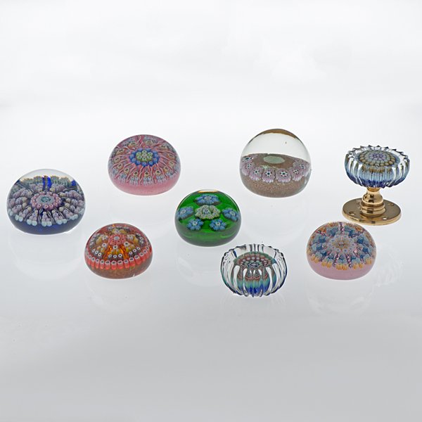 Perthshire, Scotland Millefiori Paperweights PLUS : Perthshire, Scotland Millefiori Paperweights PLUS This assemblage of seven Perthshire, Scotland millefiori paperweights consists of two medium size millefiori paperweights with a radiating ribbon de