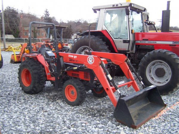 Kioti LK 2554 4x4 Compact Tractor with Loader: Kioti LK 2554 4x4 Compact Tractor with Bush Hog 2246QT Loader, 381 Hours, 25 Horsepower, Manual Trans, 60" Bucket, 3pt Hitch with 540 Shaft PTO, and 15x19.5 Rear Tires. Serial #623000003 Tag #39728 Th