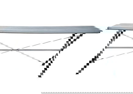 Ward Bennett, Chrome and Leather X- Base Desk/Dining Table, 1970s: IIntroducing the exquisite Ward Bennett Chrome and Leather X-Base Desk/Dining Table, a stunning embodiment of 1970s design elegance that seamlessly marries form and function. This remarkable piece fea