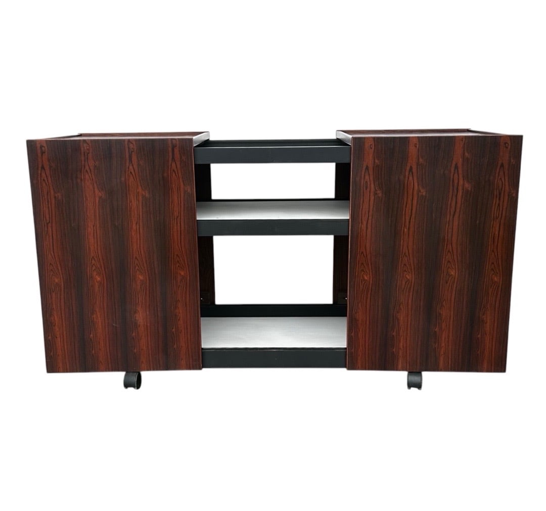 Danish Style, Rosewood Bar Cart on Casters: Danish Style, Rosewood Bar Cart on Casters. 29”H x 35.5”W-52.5”W x 20”D