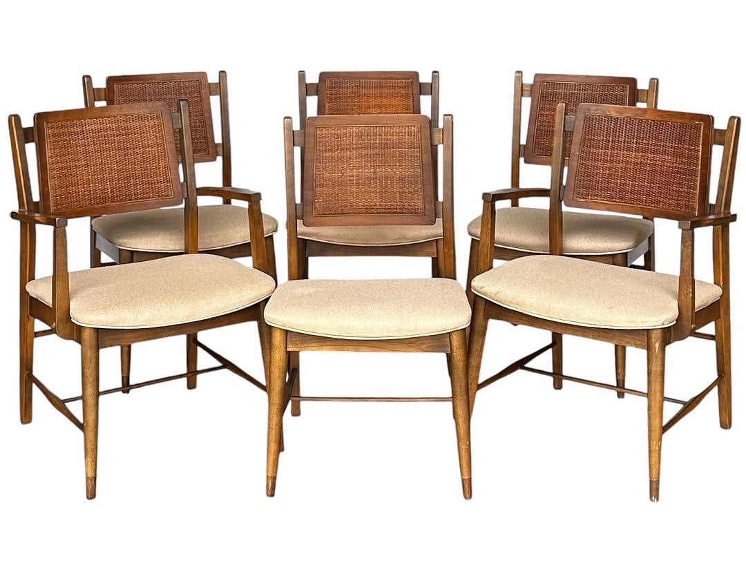 6 Mainline by Hooker id Century Walnut and Cane Dining Chairs, 1970's (1 of 7)