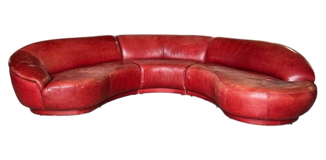 Milo Baughman for Thayer Coggin, Red Leather Sectional, 1990s: Milo Baughman for Thayer Coggin, Red Leather Sectional, 1990s. Arm: 32”H x 67”W x 42”D Open Arm: 32”H x 76”W x 48”D Seat: 18”H x 22”D