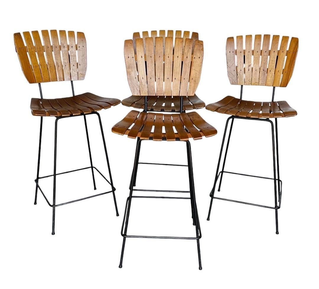 Arthur Umanoff Slatted Wood/Iron Bar Stools, 1950's (1 of 5)