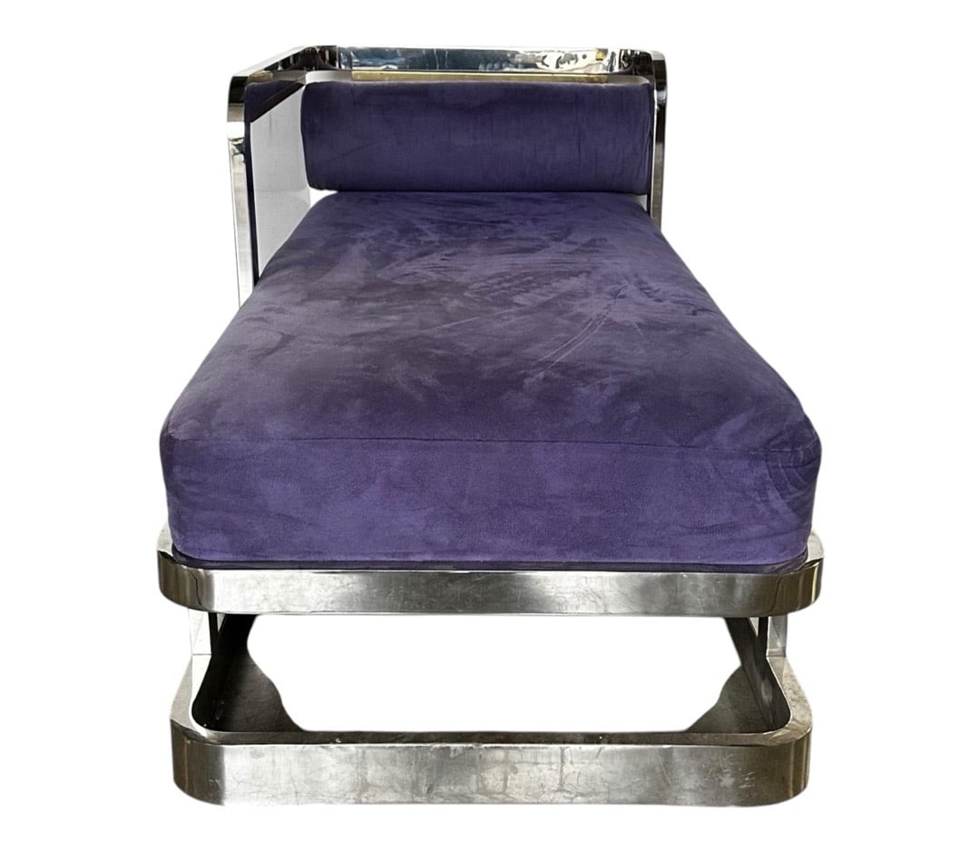 Mid-Century Style, Chrome and Brass Chaise in Purple Suede: Mid-Century Style, Chrome and Brass Chaise in Purple Suede. 28”H x 62”W x 28.25”D Seat: 17.5”H x 53”D