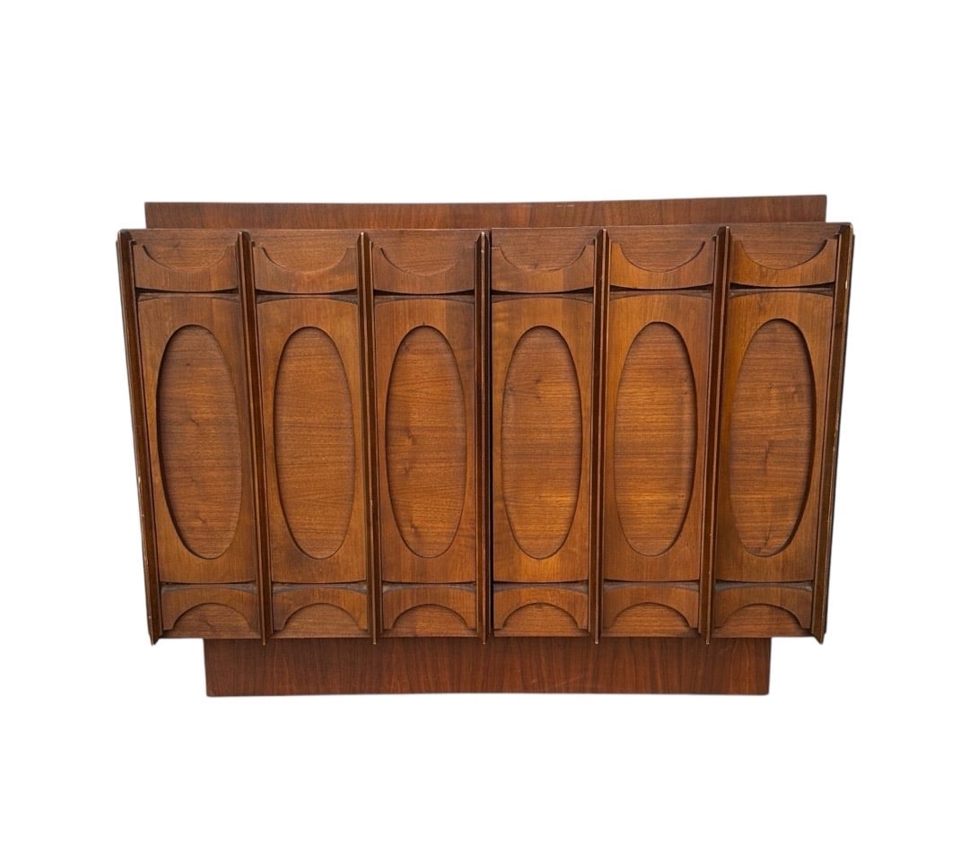 Tobago Brutalist Mid-Century Walnut Cabinet/Dry Bar, Canada: Tobago Brutalist Mid-Century Walnut Cabinet/Dry Bar, Canada. 32”H x 40”W x 23”D