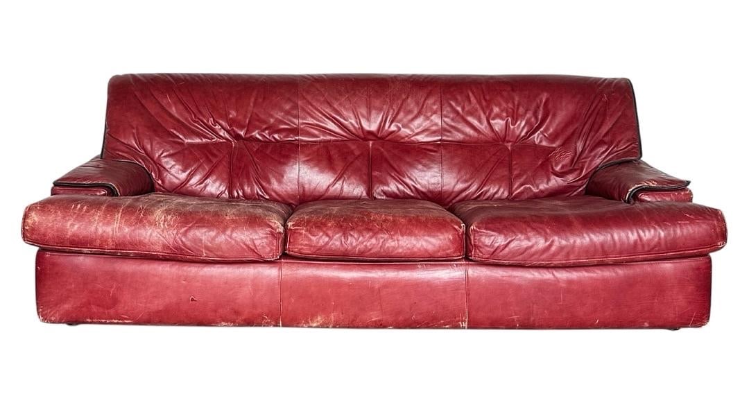 Mariani for Pace Collection, Red Leather Sofa w/ Black Welt, Italy: Mariani for Pace Collection, Red Leather Sofa w/ Black Welt, Italy. 30”H x 81”W x 36”D Seat: 16.5”H x 22.5”D
