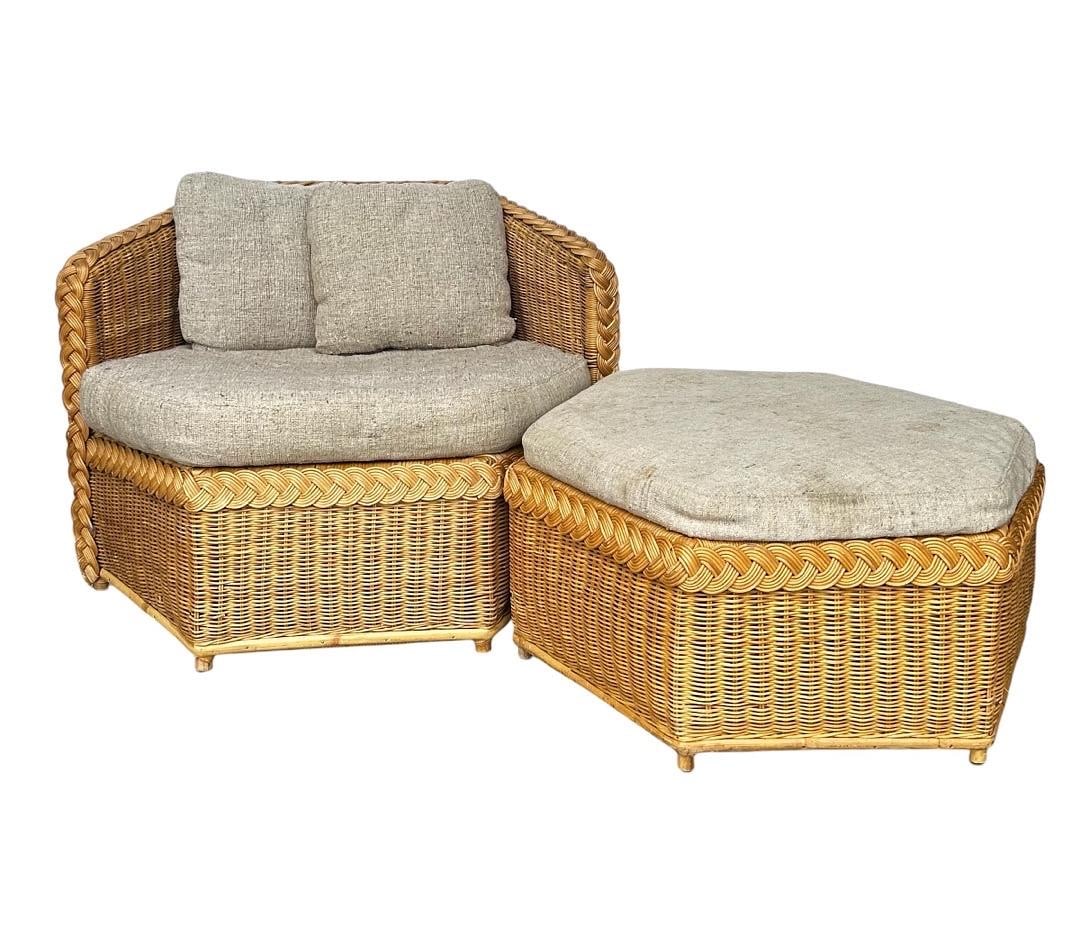 Brown Jordan, Rattan Lounge Chair w/ Ottoman, 1960s: Brown Jordan, Rattan Lounge Chair w/ Ottoman, 1960s. Chair: 36”L x 29”W x 26.5”H, Ottoman: 32”L x 28”W x 15”H
