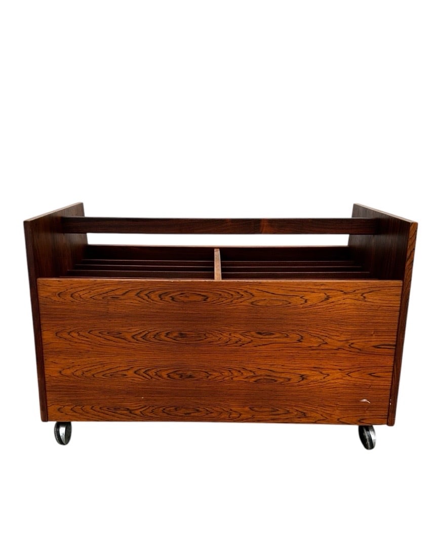 Rolf Hesland for Bruksbo, Brazilian Rosewood Record Cart/ Magazine Rack, Norway: Rolf Hesland for Bruksbo, Brazilian Rosewood Record Cart/ Magazine Rack, Norway. 17.5”H x 26.75”W x 14”D