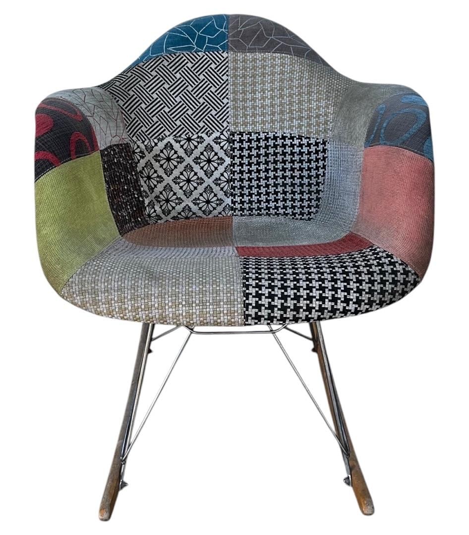 Style of Eames, Patchwork Fabric Rocking Shell Chair: Style of Eames, Patchwork Fabric Rocking Shell Chair. 27.5”H x 24.5”W x 24.5”D Seat: 15.5”H x 16.5”D