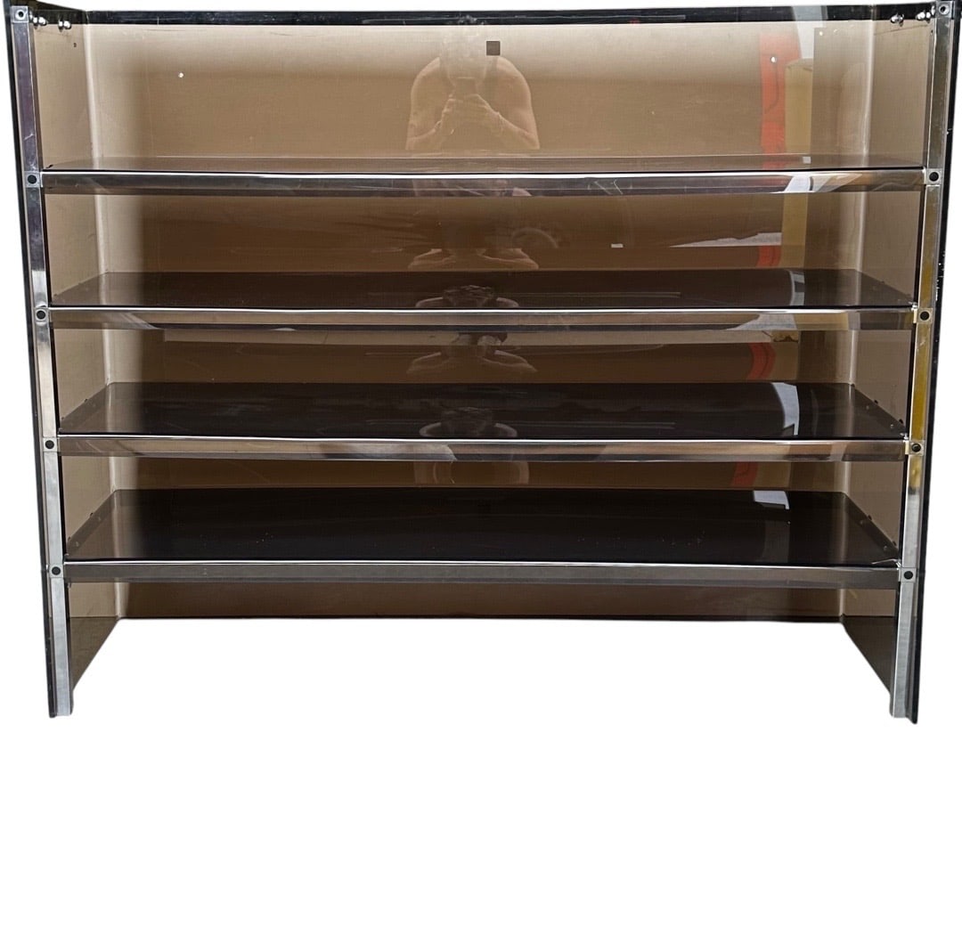 Style of Milo Baughman, Smoked Lucite Bookcase/Shelving: Style of Milo Baughman, Smoked Lucite Bookcase/Shelving. 50”H x 61”W x 18.5”D