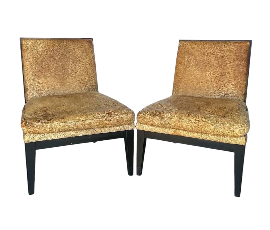 Style of T. H. Robsjohn-Gibbings, Mid-Century Slipper Chairs: Style of T. H. Robsjohn-Gibbings, Mid-Century Slipper Chairs. 34"H x 26"W x 28"D Seat: 18"H x 22"D