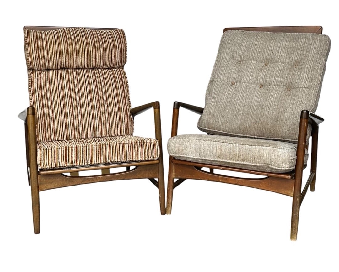 Ib Kofod-Larsen for Selig, Mid-Century Walnut High Back Reclining Lounge Chairs, Denmark, 1960s: Ib Kofod-Larsen for Selig, Mid-Century Walnut High Back Reclining Lounge Chairs, Denmark, 1960s. 38”H x 28.5”L x 31.5”W Seat: 17.5”H x 19”D