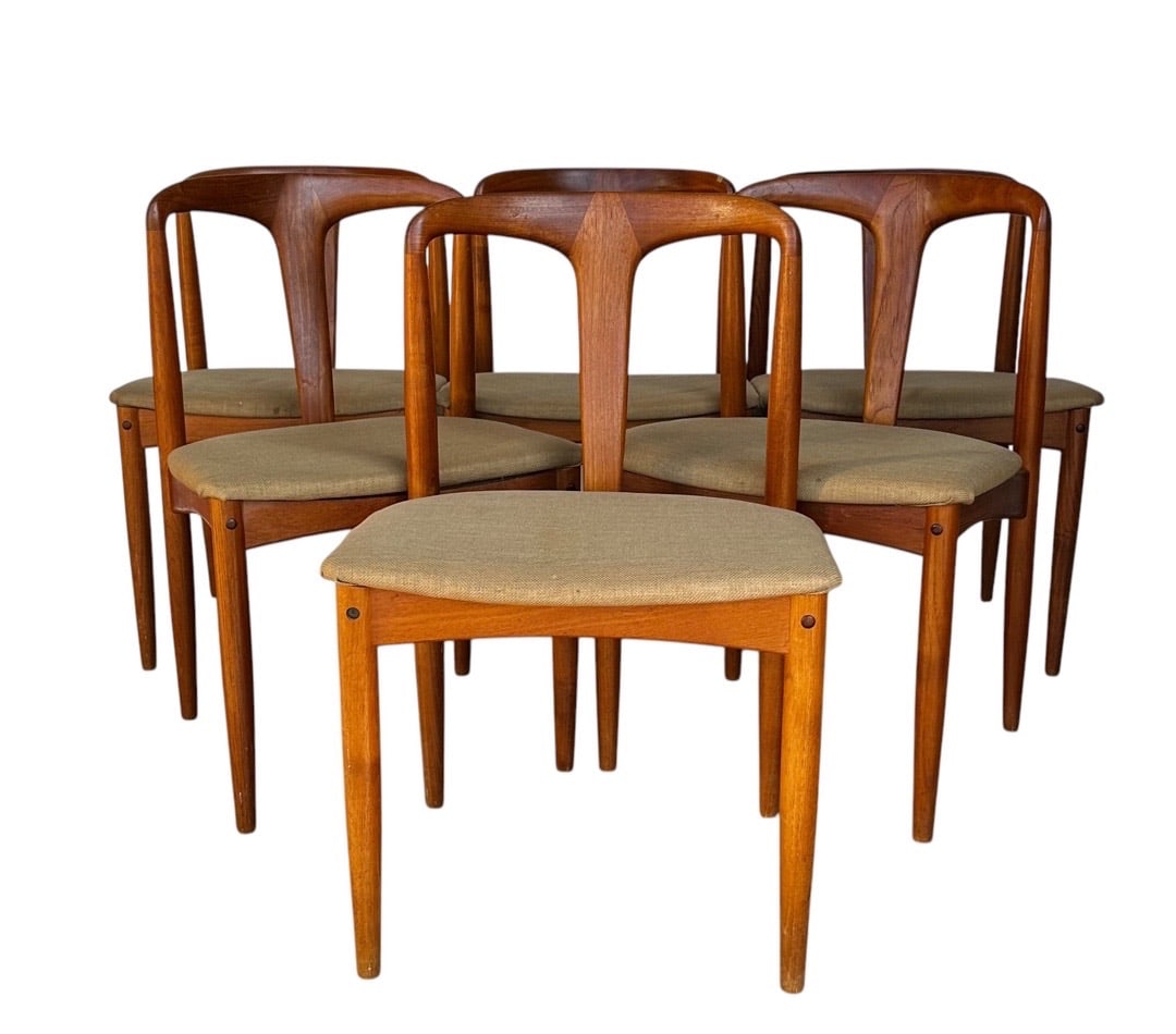 Johannes Andersen for Uldum Møbelfabrik, Mid-Century Teak Juliane Chairs: Johannes Andersen for Uldum Møbelfabrik, Mid-Century Teak Juliane Chairs. 30.5"H x 19.5"W x 17"D Seat: 17.5"H x 16"D