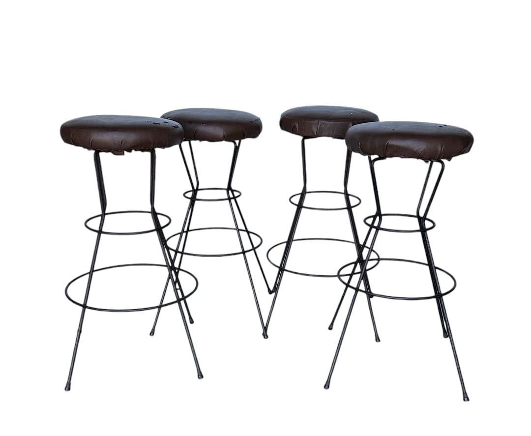 Mid-Century Western Vinyl and Wrought Iron Bar Stools: Mid-Century Western Vinyl and Wrought Iron Bar Stools. 29"H x 16"W x 16"D