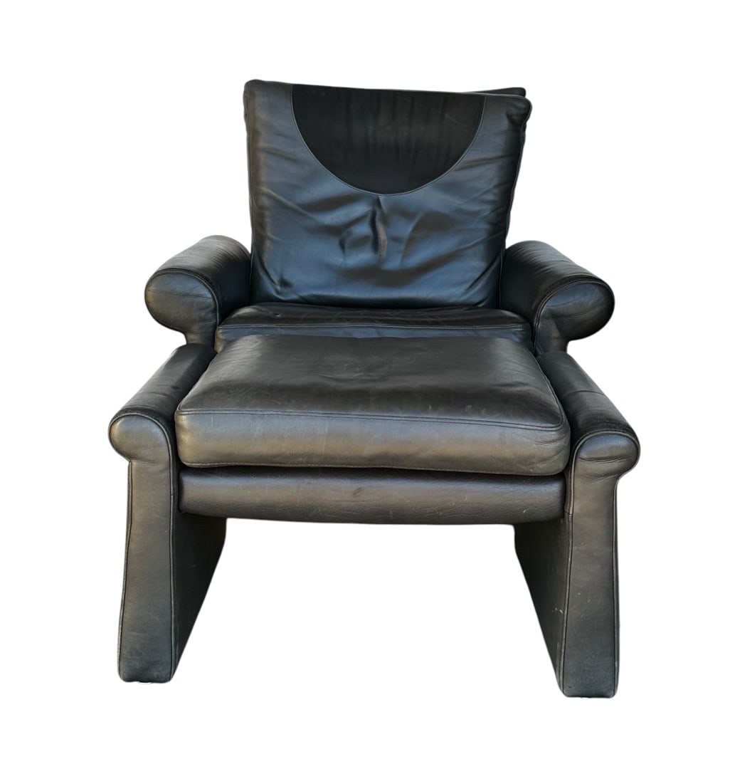 Guido Faleschini for Pace, Black Leather Lounge Chair and Ottoman, Italy, 1970s: Guido Faleschini for Pace, Black Leather Lounge Chair and Ottoman, Italy, 1970s. 37”H x 32”W x 35”D Seat: 18”H x 20”D Ottoman: 17”H x 29.5”W x 19.5”D