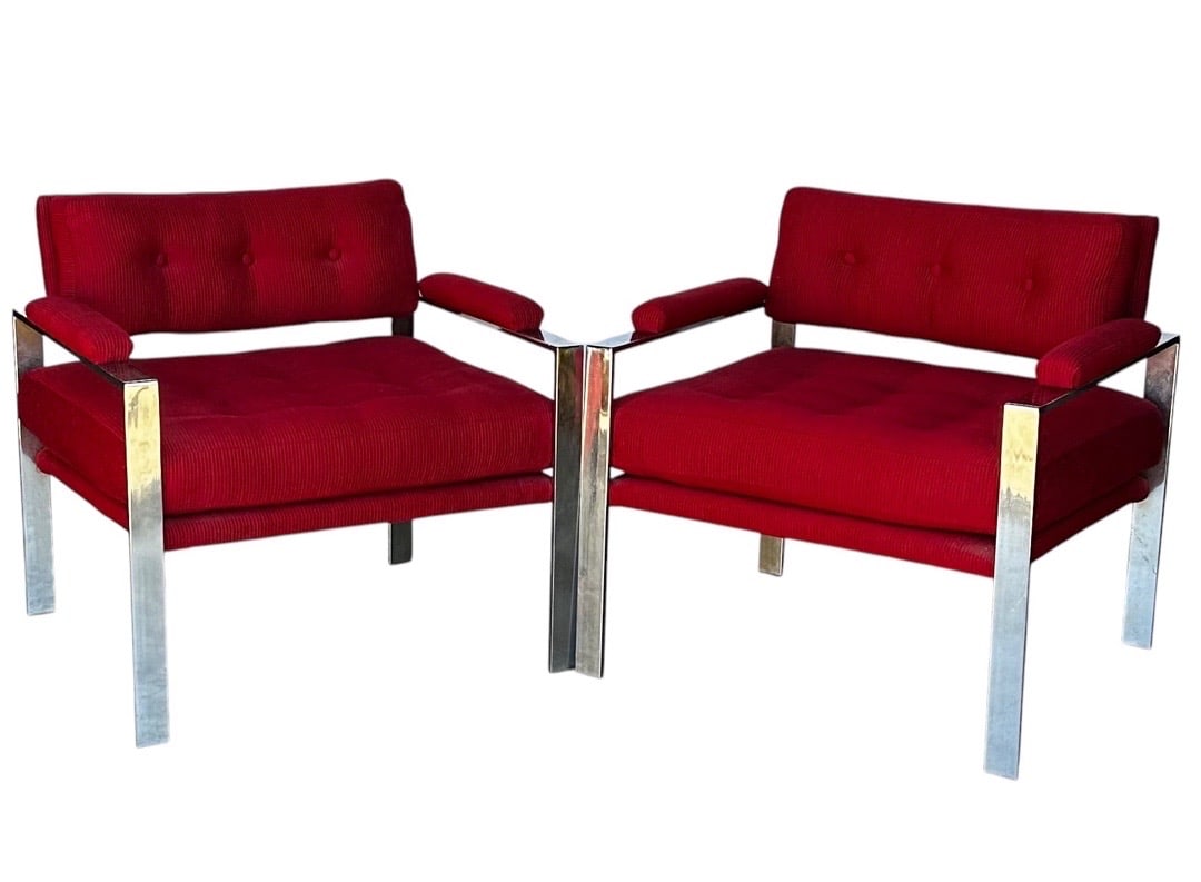 Cy Mann, Chrome Cube Lounge Chairs: Cy Mann, Chrome Cube Lounge Chairs. 29”H x 30”W x 32”D Seat: 17”H x 19”D