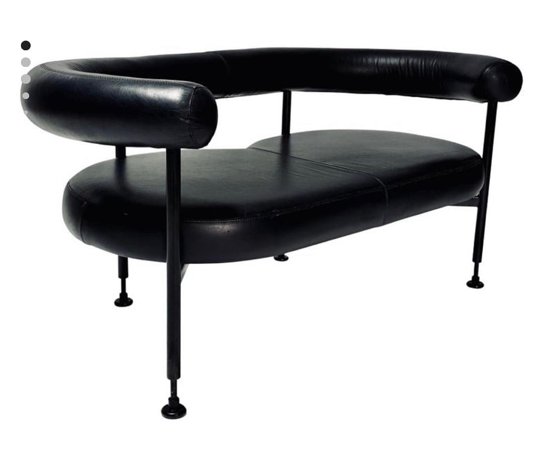 Post Modern Style, Black Leather and Steel Settee Bench, 1980s: Post Modern Style, Black Leather and Steel Settee Bench, 1980s. 26”H x 53”W x 28”D Seat: 16”H x 22”D