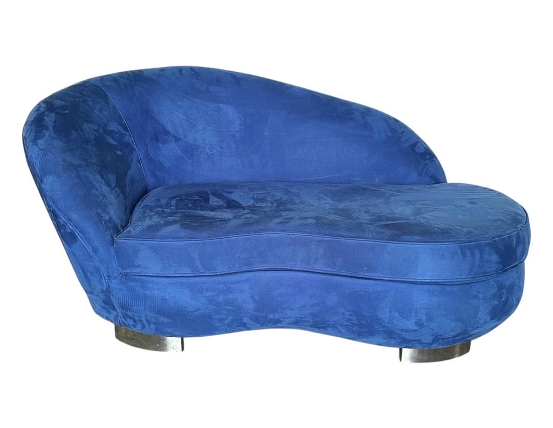 Style of Vladimir Kagan, Chaise Lounge in Electric Blue Microsuede: Style of Vladimir Kagan, Chaise Lounge in Electric Blue Microsuede. 33”H x 64”W x 33”D Seat: 17”H x 22”DPLEASE BE ADVISED, THE JOLIET WAREHOUSE MUST BE VACATED BY MARCH 3