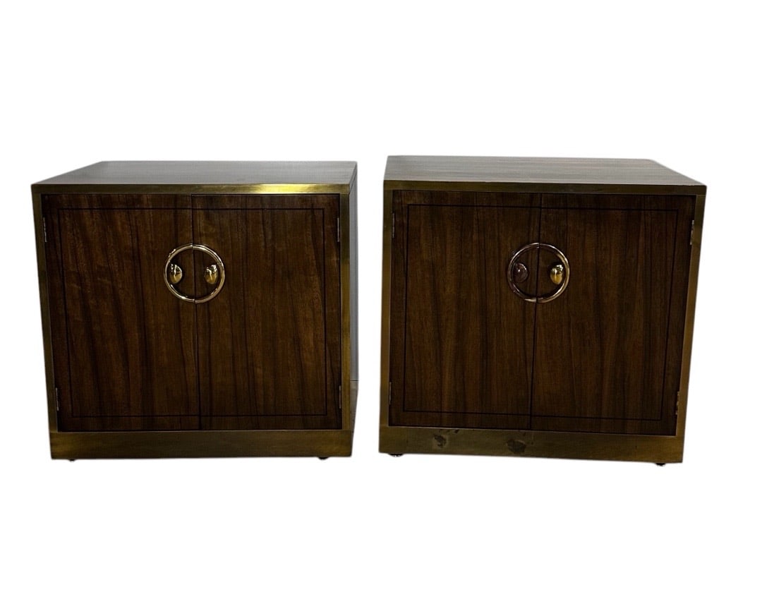 Mastercraft, Walnut and Brass Nightstands, 1970s: Mastercraft, Walnut and Brass Nightstands, 1970s. 24.5”H x 18”W x 26”DPLEASE BE ADVISED, THE JOLIET WAREHOUSE MUST BE VACATED BY MARCH 31ST. THEREFORE, ITEMS MUST BE PICKED UP ON DES