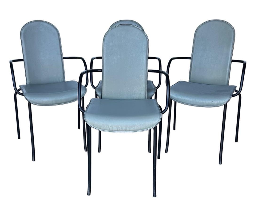 Giorgio Cattelan for Cidue, Gray Leather and Steel Dining Chairs, Italy: Giorgio Cattelan for Cidue, Gray Leather and Steel Dining Chairs, Italy. 36”H x 21”W x 21”D Seat: 19”H x 16.5”DPLEASE BE ADVISED, THE JOLIET WAREHOUSE MUST BE VACATED BY