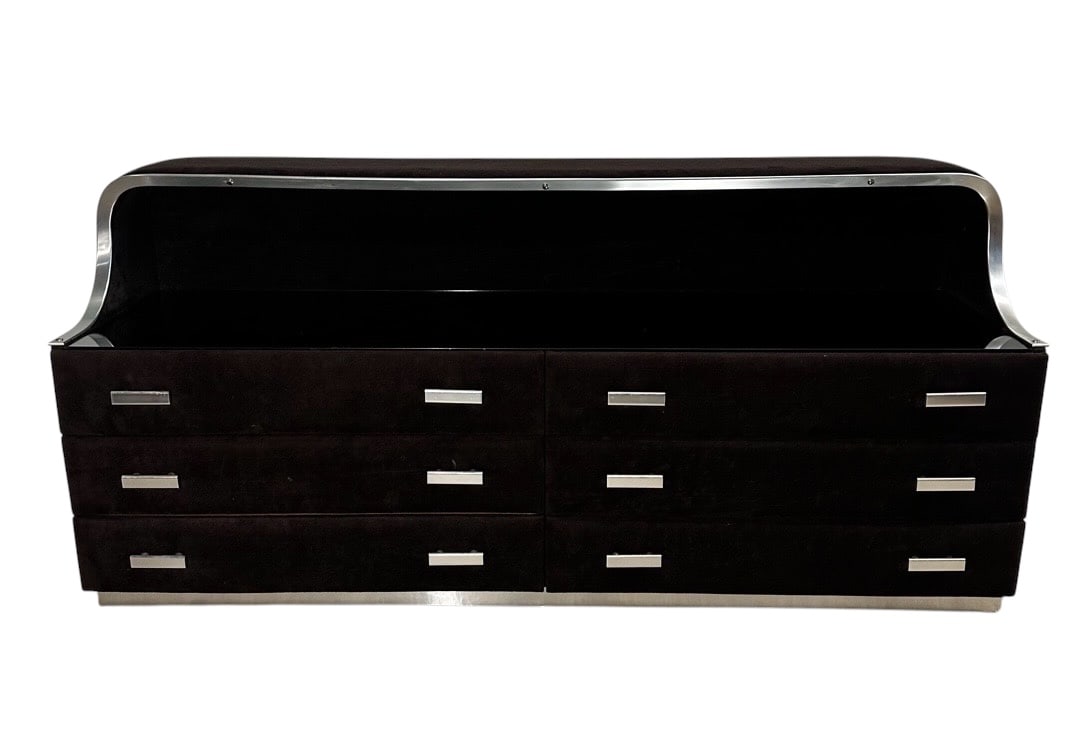 Luigi Radaelli for Radaelli Ettore & Figli, Space Age Suede Dresser, Italy, 1970s: Luigi Radaelli for Radaelli Ettore & Figli, Space Age Suede Dresser, Italy, 1970s. 32”H x 68.75”W x 18.75”DPLEASE BE ADVISED, THE JOLIET WAREHOUSE MUST BE VACATED BY MARCH 31ST. THER