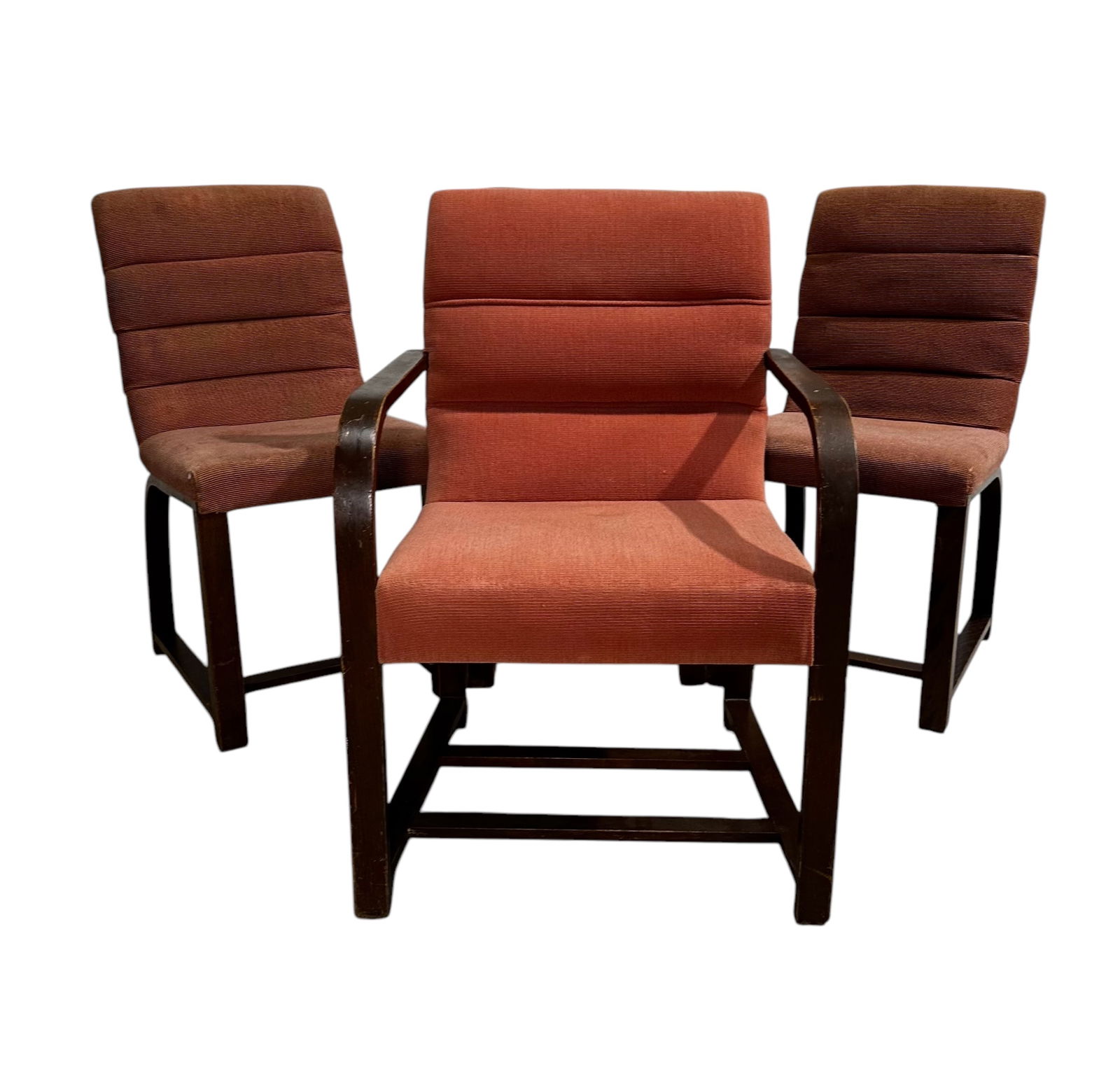 Gilbert Rhode for Heywood Wakefield, Dining Chairs, 1930s: Gilbert Rhode for Heywood Wakefield, Dining Chairs, 1930s. 31.5”H x 16.25”W x 21.5”D, Seat: 17.5”H x 13.5”D, Captains Chair: 33.5”H x 22.75”W x 23”DPLEA