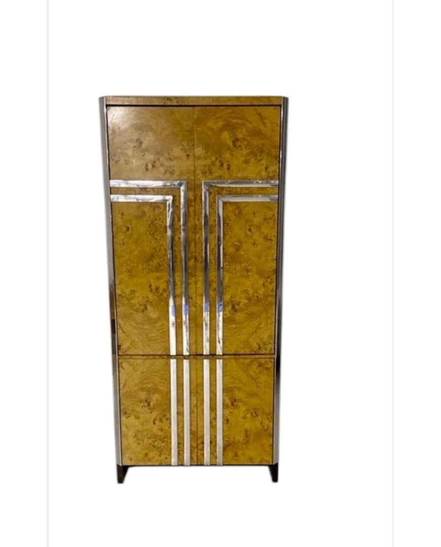 Leon Rosen for Pace, Burled Wood w/ Chrome Armoire, Italy, 1970s: Leon Rosen for Pace, Burled Wood w/ Chrome Armoire, Italy, 1970s. 80"H x 36"W x 19"D