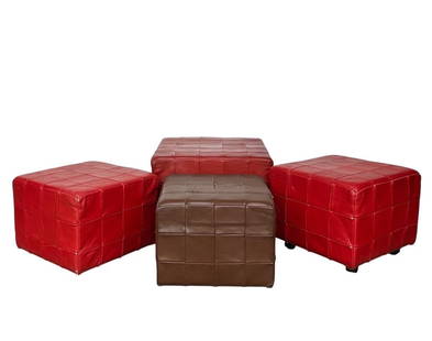 Style of De Sede, Leather Patchwork Ottomans, Denmark, 1970s: Style of De Sede, Leather Patchwork Ottomans, Denmark, 1970s. Large Red: 15"H x 20"W x 20"D, Small Red on Casters: 13.75"H x 16"W x 16"D, Small Red: 12"H x 16"W x 16"D, Brown: 12"H x 16"W x 16"D