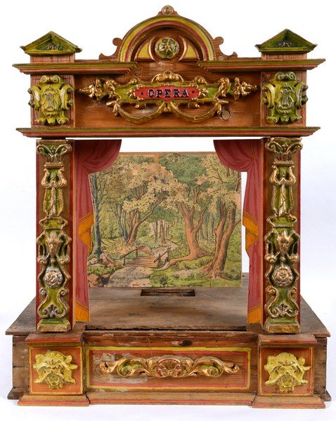 19THC GERMAN TOY THEATRE a painted wooden theatre: 19THC GERMAN TOY THEATRE a painted wooden theatre probably by Moritz Gottschalk , which assembles to form a stage. With some backdrops, various figures and an original play script (Moritz Gottschalk).