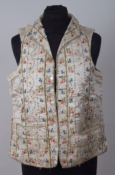 TWO C18TH GEORGIAN MEN'S WAISTCOATS To include a silk: TWO C18TH GEORGIAN MEN'S WAISTCOATS To include a silk hand embroidered with colourful flowers and stems. The back has been replaced and the front is original but damaged. A further salmon pink grosgra