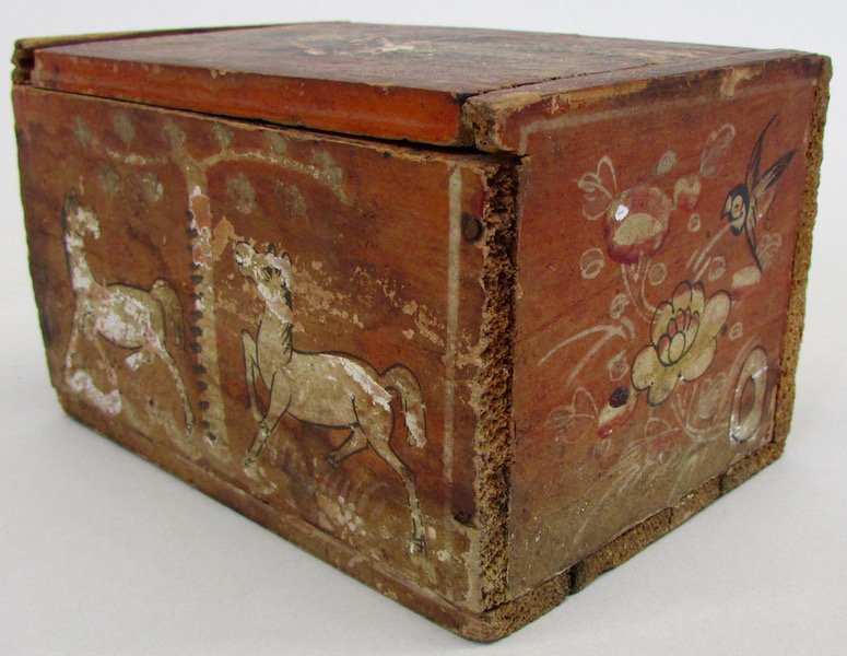 Chinese Tea Box with Bone Game Counters: The rectangular Tea box with transfer decoration including a merchant on the sliding lid and birds and horses, the bottom printed with "First Crop Lapsang Soughing." The game counters of carved bone w