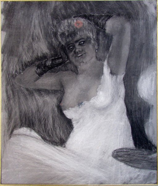 French Sketch of a Parisian Dancer: The pen and ink sketch depicting a seated dancer with gloves and gown set in a gilt frame. The lower right appears to contain the monogram "J R." Indistinct writing on the back of the panel (illustrat