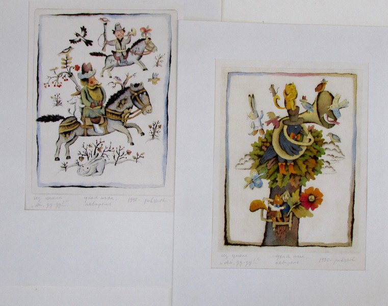 Eugene Revjakov, 9 Original Block Prints of Fairytales.: The group comprised of 9 unframed color block prints, most matted, depicting various Russian Fairytale scenes. Each is signed, titles and dated bt the artist in pencil in the lower margin. Prints are 