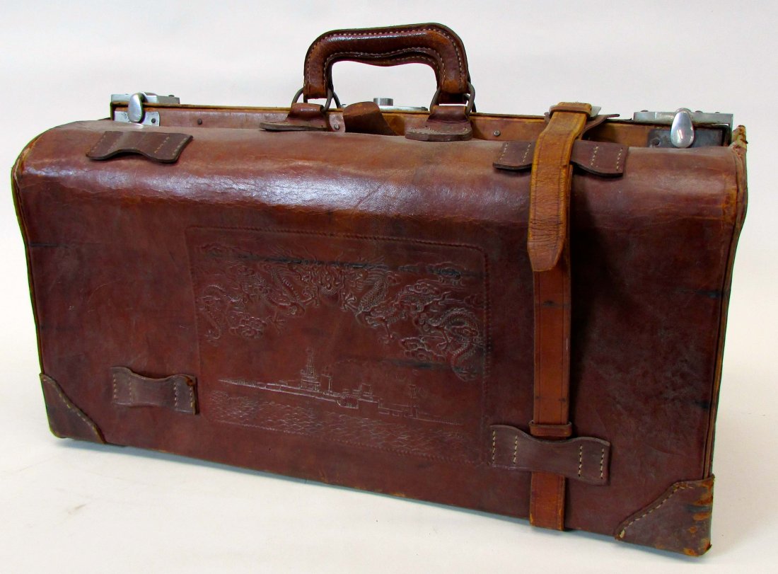Leather WW2 Era Naval Officers Valise with Ship (1 of 3)