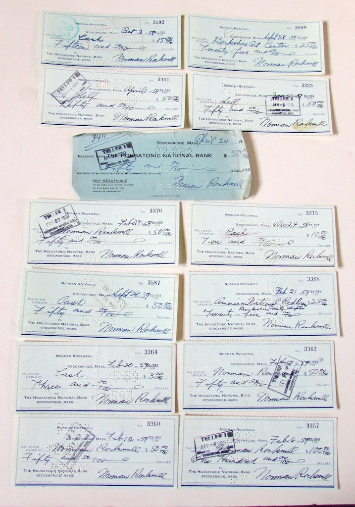 Norman Rockwell, 13 Personal Checks from 1959: Drawn on the Housatonic National Bank in Stockbridge, Mass, each with Norman Rockwells signature, some made out to cash or "Self" and countersigned by Rockwell, one dated Jan. 16, 1959 and made out as