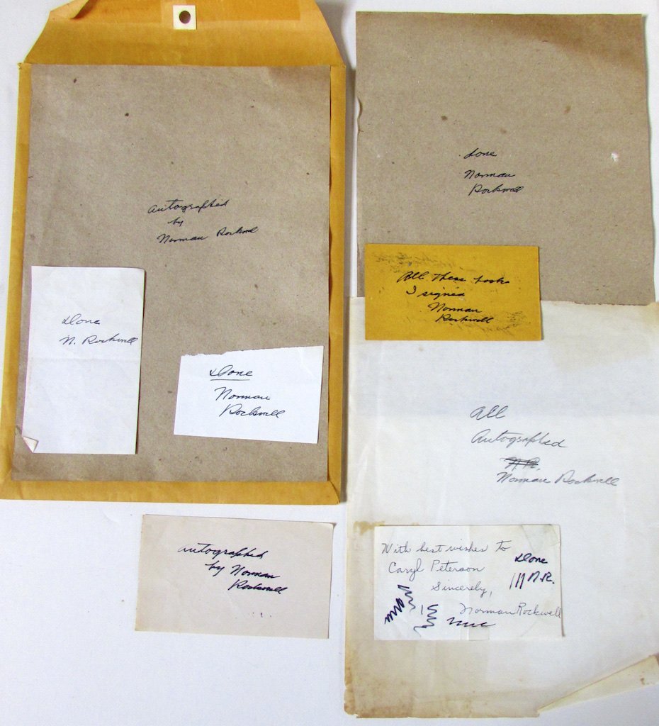 Group of Norman Rockwell Signatures: Six done on adhesive labels "Sincerely Norman Rockwell", together with a group of notes written by Mr Rockwell to indicate his completion of signing books and other items. One states "All these books 