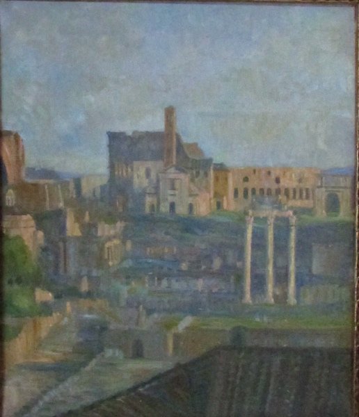 19th or Early 20th C. Oil of Roman Ruins.: Ruins of the Forum looking towards the Capitol in Rome. Unsigned Oil on canvas, mounted in modern frame. Reported to be by a Scandinavian artist. 17 x 20 inches.