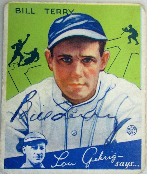 Bill Terry Game Signed Indian 1934 Baseball Card: Bill Terry, Manager N.Y. Giants game signed in ink on front. Card Number 21, 1934 Series. From the same source as lot 106, please see notes and condition report for that lot.