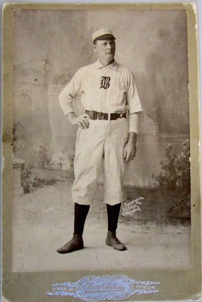 CDV of Early Baseball Player in Uniform, F.L. Lake.: The card or Frederick Lovett Lake, depicting him in uniform, marked "F.L.Lake" by his right knee, "Copyright by F.G. Seles and F.O. Words, ' 97" by his left knee, and Elmer Chickering Boston studio la