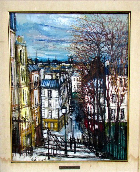 R. Bernard, A French Abstract Street Scene.: Renee Bernard (1906 - 2004) Oil on canvas of a street in Paris, from a rooftop. Signed lower center "R. Bernard". Image 15 1/2 x 19 1/2 inches.