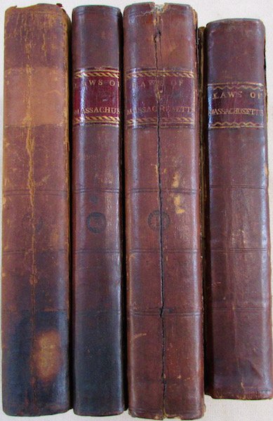 "Perpetual Laws of the Commonwealth of Massachusetts": "From the Establishment of its Constitution to the First Session of the General Court AD 1788"In 4 leather bound volumes, each printed by Isaiah Thomas in Worcester, MA, the first in 1788. 4 Volumes c