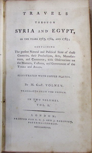 4 Leather Bound Books: M. Volney "Travels through Syria and Egypt" Vol II 1787, Gardner Wilson "Popular Account of the Ancient Egyptians" Vol II 1854, "Walkers Pronouncing Dictionary" 1823, and "S. Andrus "Connecticut Code 