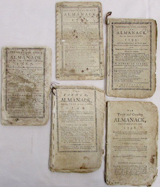 Group of 5 Eighteenth Century Almanacs: Including: "Astronomical Diary" Nathaniel Low, 1787 and 1793, similar by Nehemiah Strong, Hartford 1793, "Town and Country Almanac" Isaac Bickerstaff, Norwich CT. 1798, and "Farmers Almanac" J. Weathe