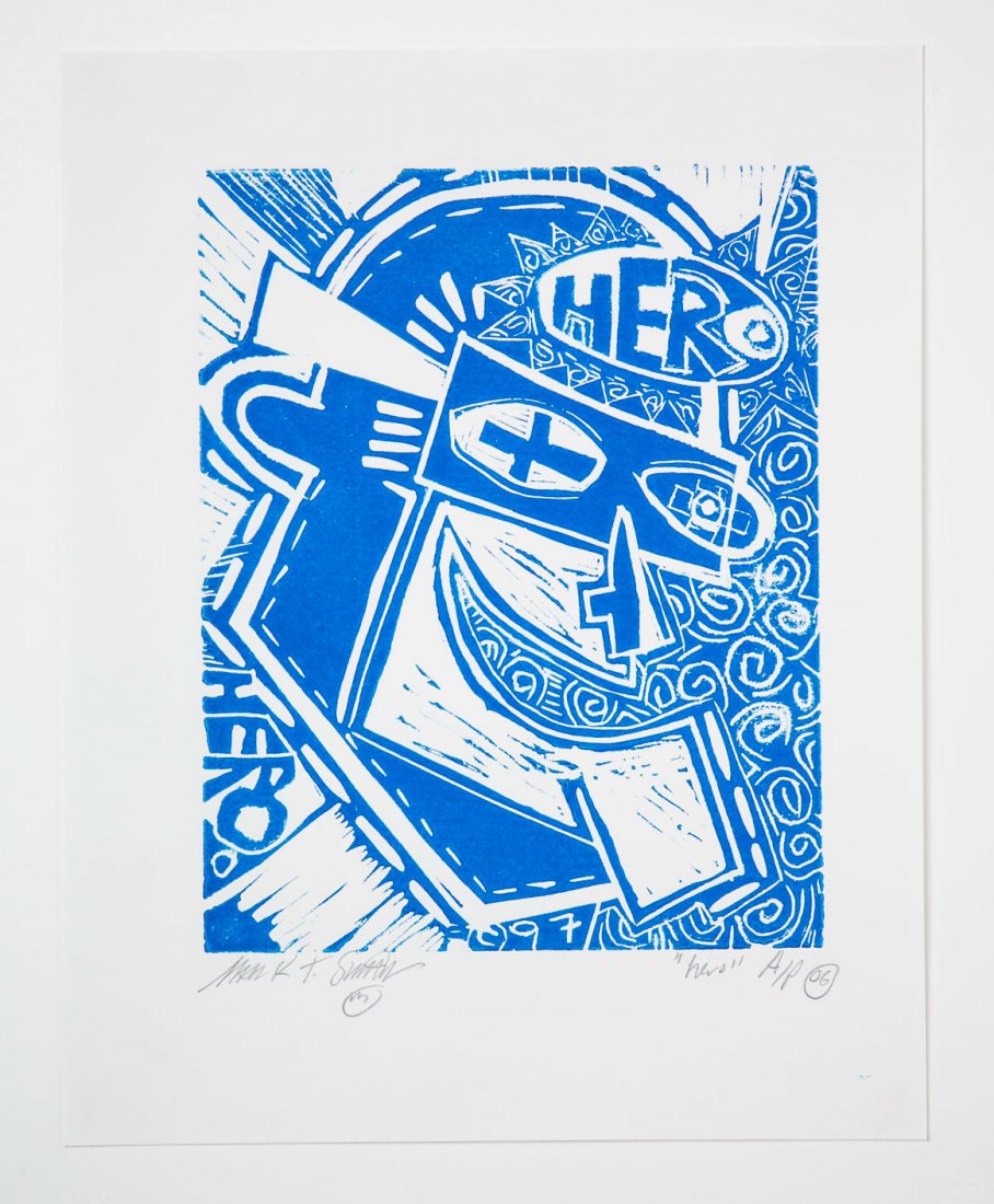 Hero: Limited edition Lino Cut Wood Print. AP (artist proof) hand signed in pencil by Mark T Smith.