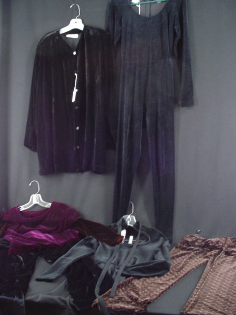 Barbra Streisand VELVET Lot: Six items in Velvet and Velvet "type" fabrics. Labels include: DKNY, Bijou-Bijou, Selwyn for Barney's; sizes are M-L; Colors: Black, navy; Items: Jump-suit, Bodice, Stretch Pants, Slacks, Shirt/Jacket