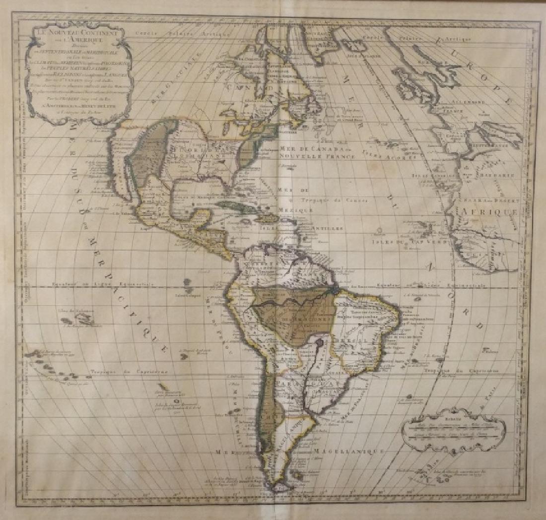 Map of the Americas: Early Hand colored French map of the Americas. Site 20.5" x 24"